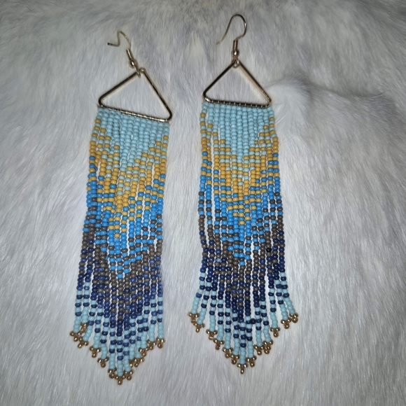 Jewelry - Blue and Gold Beaded Chevron Earrings